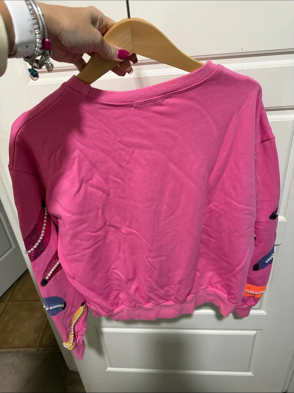 Bright Pink Sequin Banana Appliqué Crewneck Sweatshirt